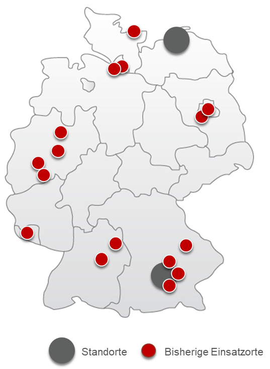Landkarte Deutschlands mit Markierungspunkte der Einsatzorte